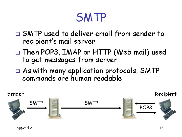 SMTP q q q SMTP used to deliver email from sender to recipient’s mail