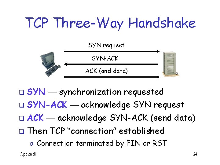 TCP Three-Way Handshake SYN request SYN-ACK (and data) q SYN synchronization requested q SYN-ACK