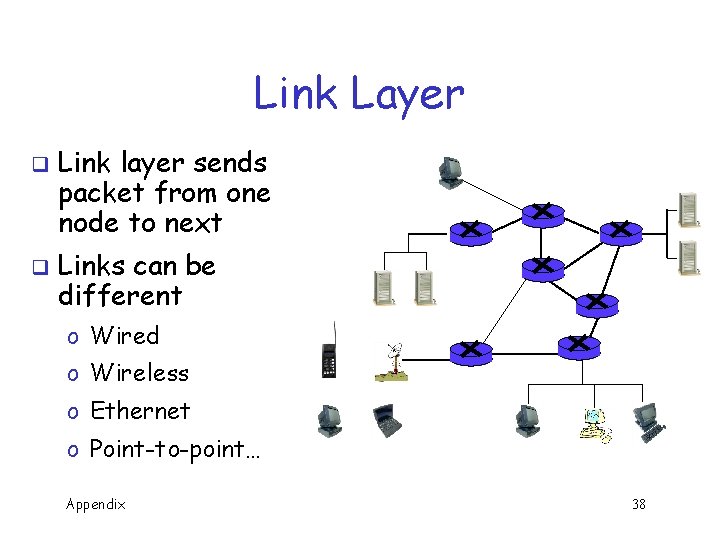 Link Layer q q Link layer sends packet from one node to next Links