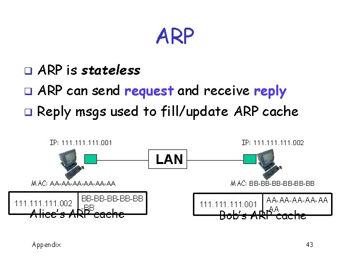 ARP q ARP is stateless q ARP can send request and receive reply q