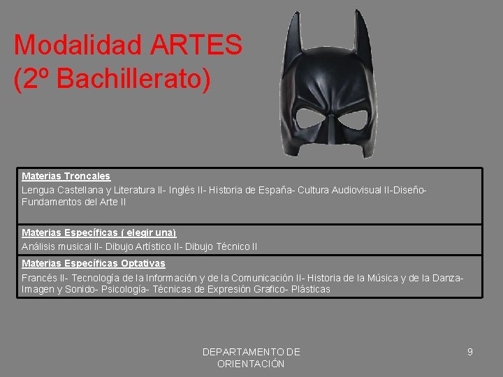 Modalidad ARTES (2º Bachillerato) Materias Troncales Lengua Castellana y Literatura II- Inglés II- Historia