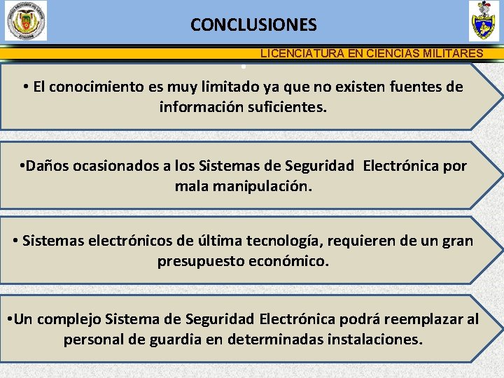 CONCLUSIONES LICENCIATURA EN CIENCIAS MILITARES • • El conocimiento es muy limitado ya que