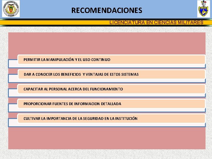 RECOMENDACIONES LICENCIATURA EN CIENCIAS MILITARES PERMITIR LA MANIPULACIÓN Y EL USO CONTINUO DAR A
