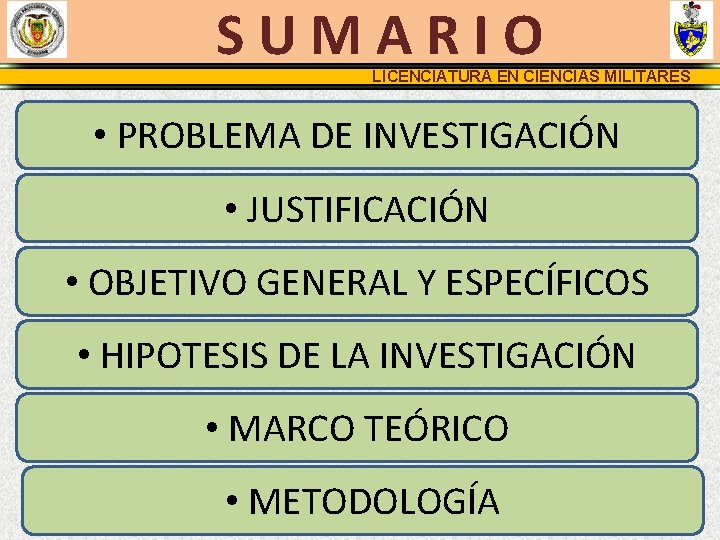 S U M A R I O LICENCIATURA EN CIENCIAS MILITARES • PROBLEMA DE