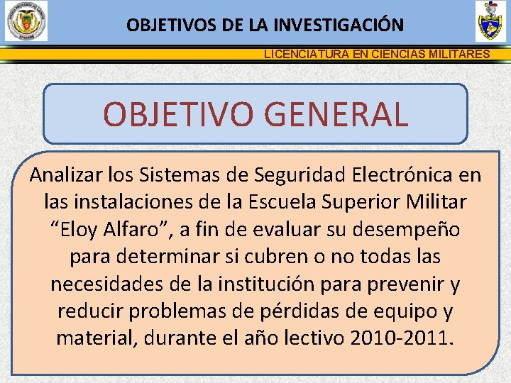 OBJETIVOS DE LA INVESTIGACIÓN LICENCIATURA EN CIENCIAS MILITARES OBJETIVO GENERAL Analizar los Sistemas de