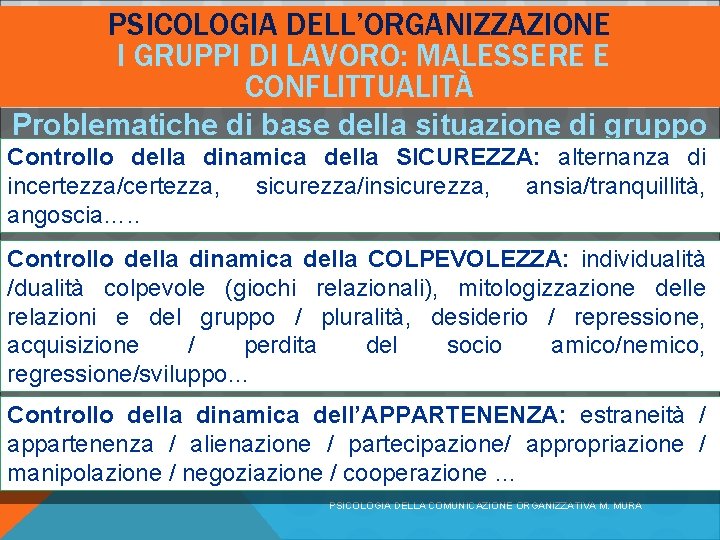 PSICOLOGIA DELL’ORGANIZZAZIONE I GRUPPI DI LAVORO: MALESSERE E CONFLITTUALITÀ Problematiche di base della situazione