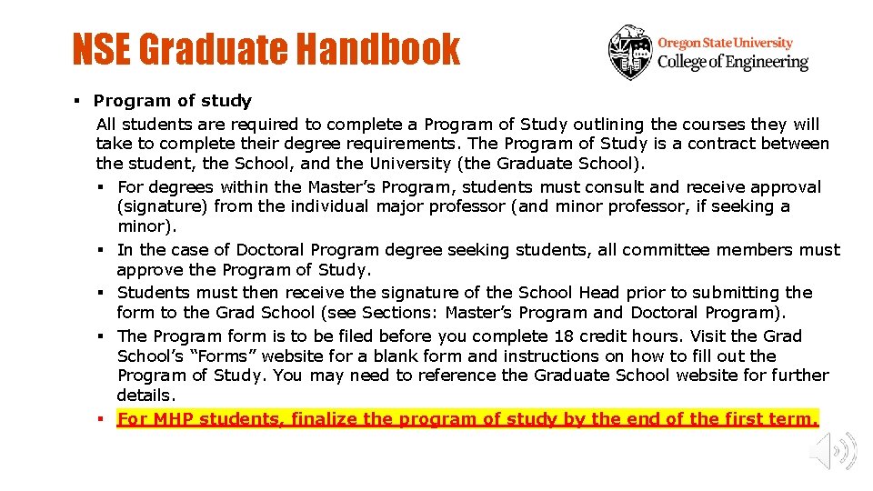 NSE Graduate Handbook § Program of study All students are required to complete a