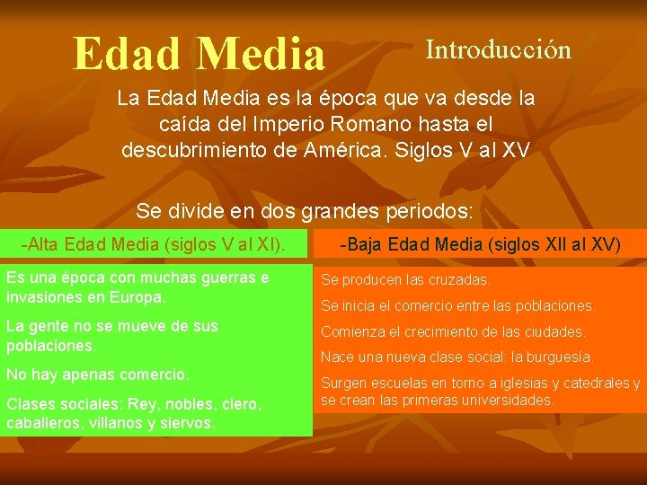 Edad Media Introducción La Edad Media es la época que va desde la caída