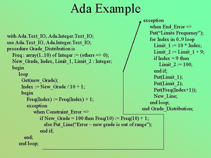 Ada Example exception when End_Error => Put(“Limits Frequency”); for Index in 0. . 9