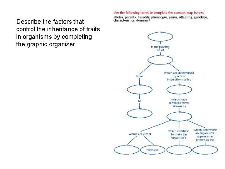 Describe the factors that control the inheritance of traits in organisms by completing the