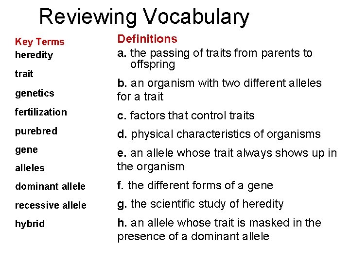 Reviewing Vocabulary Key Terms heredity trait Definitions a. the passing of traits from parents