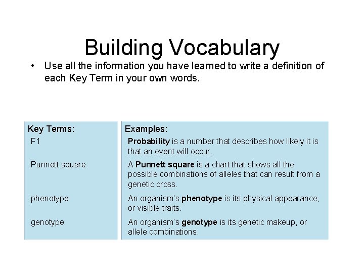 - Probability and Heredity Building Vocabulary • Use all the information you have learned