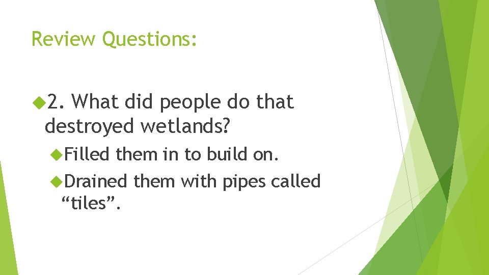 Review Questions: 2. What did people do that destroyed wetlands? Filled them in to