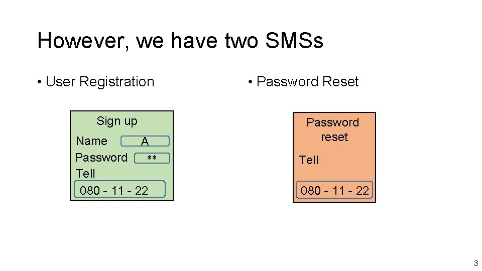 However, we have two SMSs • User Registration Sign up Name A Password **