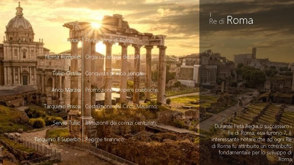 I Re di Roma Romolo Fondazione di Roma; Numa Pompilio Organizzazione del culto; Tullio