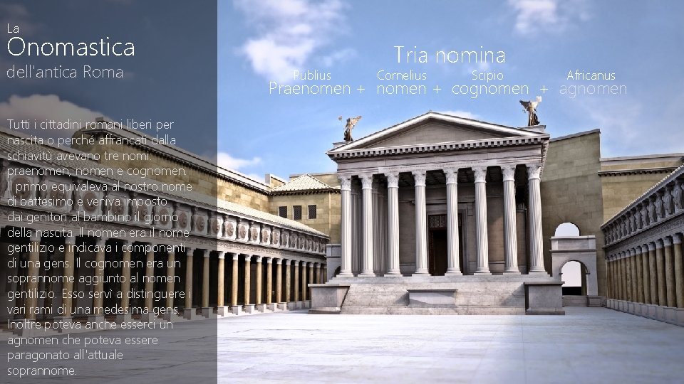 La Onomastica dell'antica Roma Tutti i cittadini romani liberi per nascita o perché affrancati