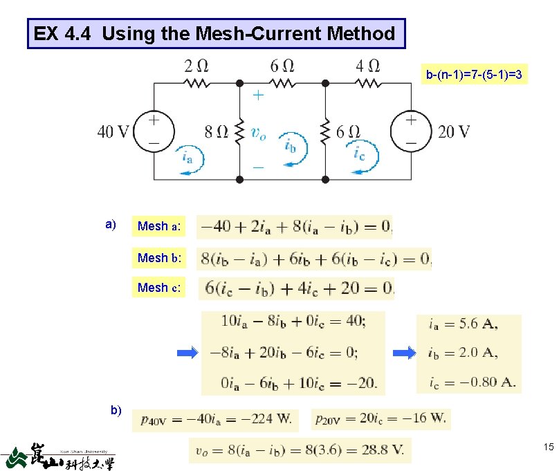 EX 4. 4 Using the Mesh-Current Method b-(n-1)=7 -(5 -1)=3 a) Mesh a: Mesh