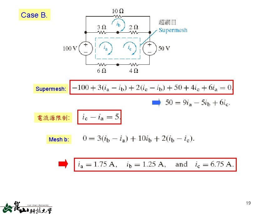 4. 7 Case B. B Contd. Supermesh: 電流源限制: Mesh b: 19 