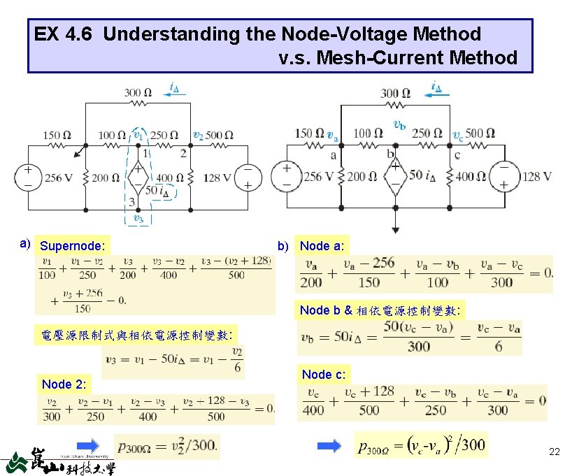 EX 4. 6 Understanding the Node-Voltage Method v. s. Mesh-Current Method a) Supernode: b)