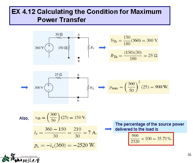 EX 4. 12 Calculating the Condition for Maximum Power Transfer Also, The percentage of