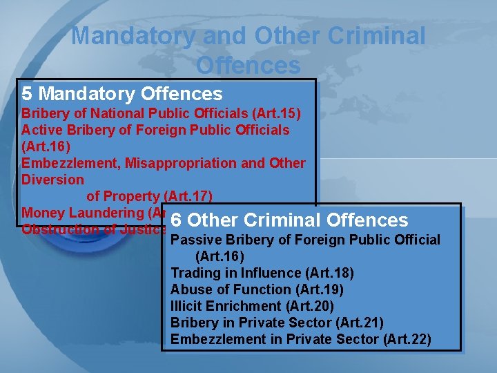 Mandatory and Other Criminal Offences 5 Mandatory Offences Bribery of National Public Officials (Art.