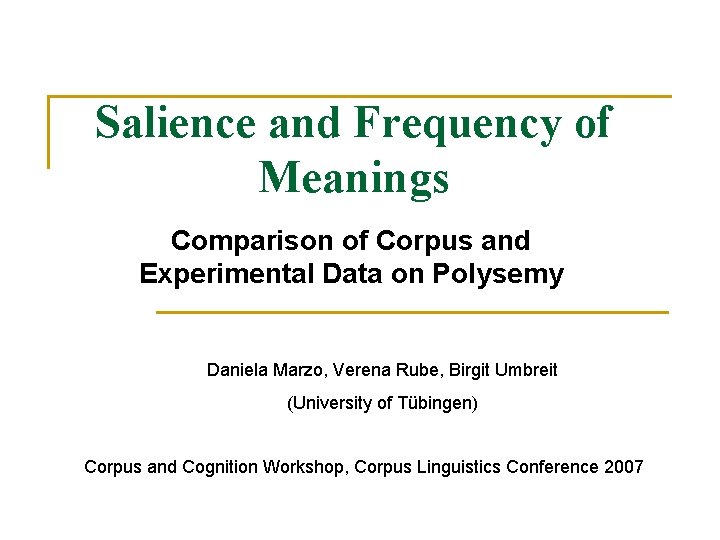 Salience and Frequency of Meanings Comparison of Corpus and Experimental Data on Polysemy Daniela Salience and Frequency of Meanings Comparison of Corpus and Experimental Data on Polysemy Daniela