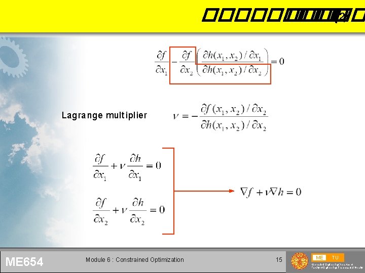 ����� (2) Lagrange multiplier ME 654 Module 6 : Constrained Optimization 15 ME TU