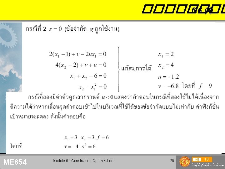 ���� 6. 6 (4) ME 654 Module 6 : Constrained Optimization 28 ME TU