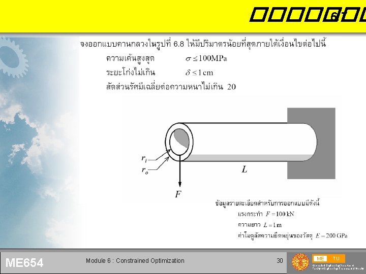 ������� 6. 7 ME 654 Module 6 : Constrained Optimization 30 ME TU Mechanical