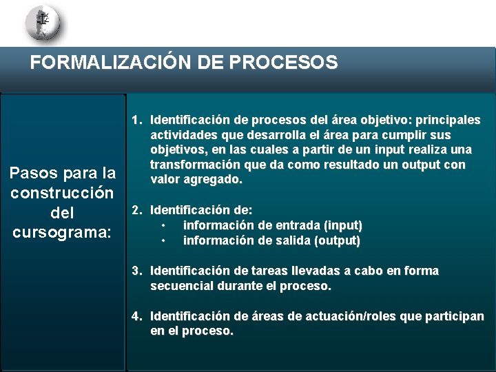 FORMALIZACIÓN DE PROCESOS Pasos para la construcción del cursograma: 1. Identificación de procesos del