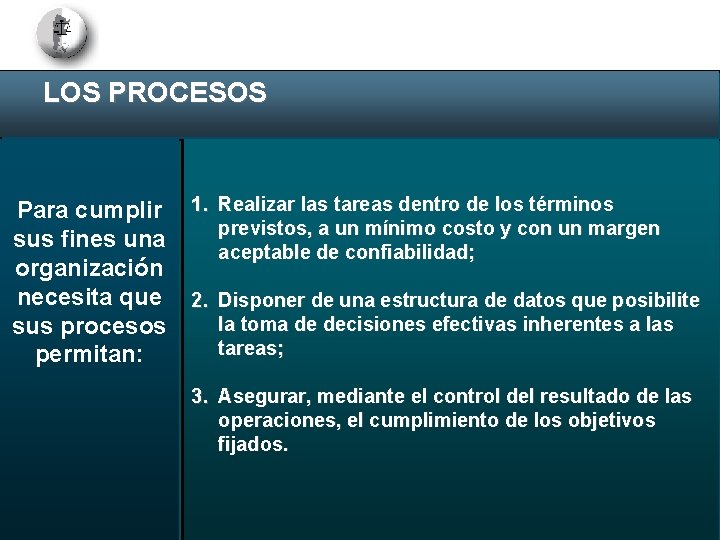 LOS PROCESOS Para cumplir sus fines una organización necesita que sus procesos permitan: 1.