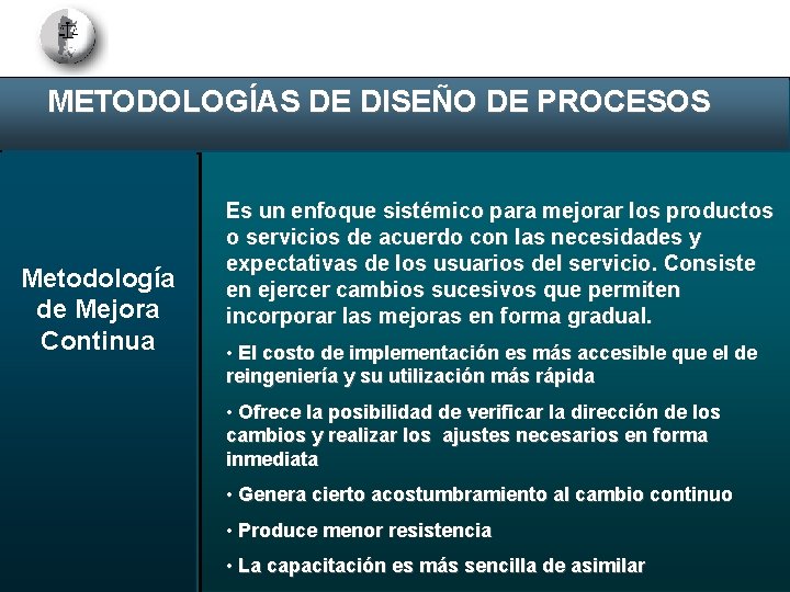 METODOLOGÍAS DE DISEÑO DE PROCESOS Metodología de Mejora Continua Es un enfoque sistémico para
