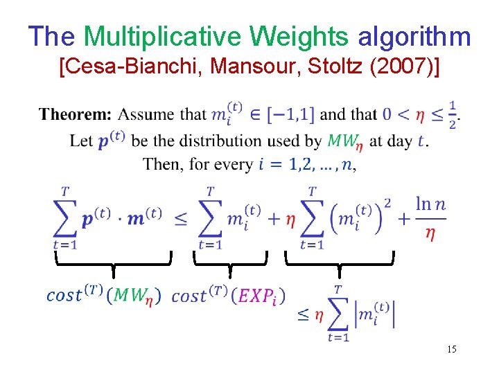 The Multiplicative Weights algorithm [Cesa-Bianchi, Mansour, Stoltz (2007)] 15 