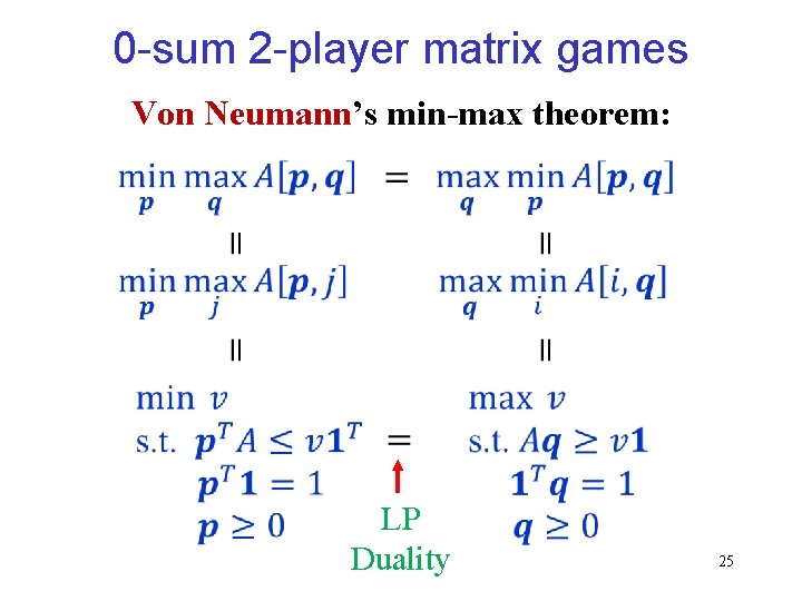 0 -sum 2 -player matrix games Von Neumann’s min-max theorem: LP Duality 25 