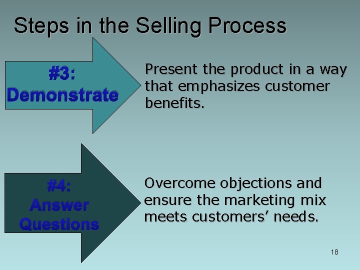 Steps in the Selling Process #3: Demonstrate #4: Answer Questions Present the product in