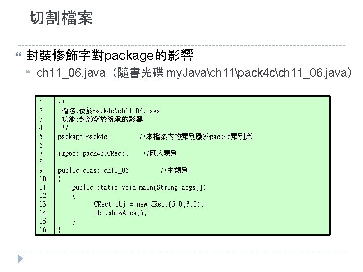 切割檔案 封裝修飾字對package的影響 ch 11_06. java（隨書光碟 my. Javach 11pack 4 cch 11_06. java） 1 2