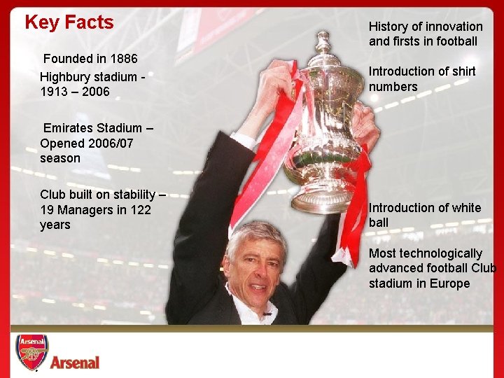 Key Facts Founded in 1886 Highbury stadium 1913 – 2006 History of innovation and