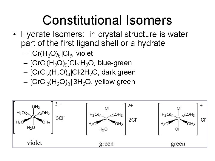 Constitutional Isomers • Hydrate Isomers: in crystal structure is water part of the first