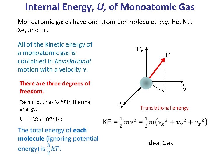 Internal Energy, U, of Monoatomic Gas Monoatomic gases have one atom per molecule: e.