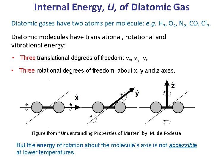 Internal Energy, U, of Diatomic Gas Diatomic gases have two atoms per molecule: e.
