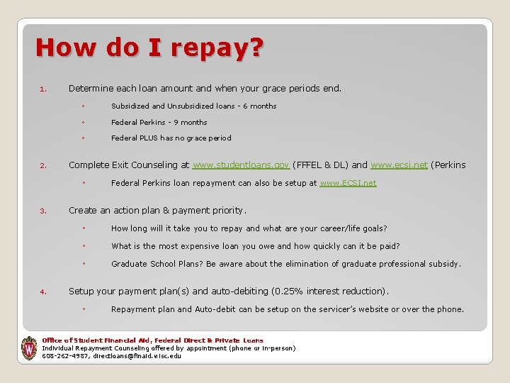 How do I repay? 1. 2. Determine each loan amount and when your grace