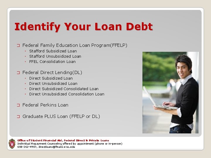 Identify Your Loan Debt � Federal Family Education Loan Program(FFELP) ◦ Stafford Subsidized Loan