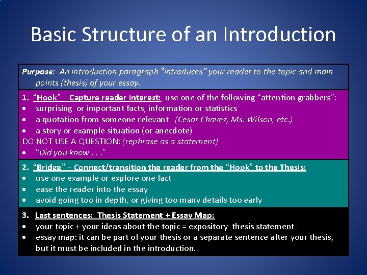 Basic Structure of an Introduction Purpose: An introduction paragraph “introduces” your reader to the