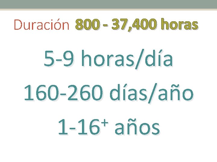 Duración 800 - 37, 400 horas 5 -9 horas/día 160 -260 días/año + 1