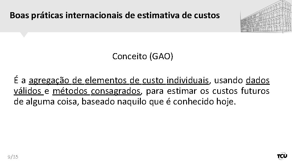 Boas práticas internacionais de estimativa de custos Conceito (GAO) É a agregação de elementos
