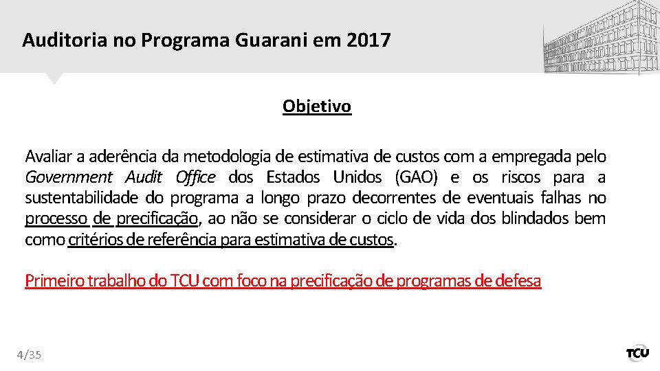 Auditoria no Programa Guarani em 2017 Objetivo Avaliar a aderência da metodologia de estimativa