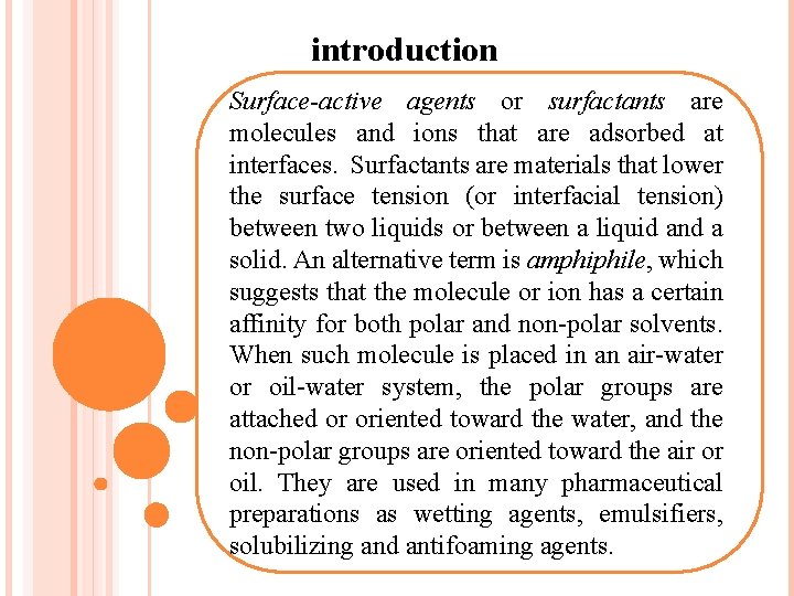 introduction Surface-active agents or surfactants are molecules and ions that are adsorbed at interfaces.