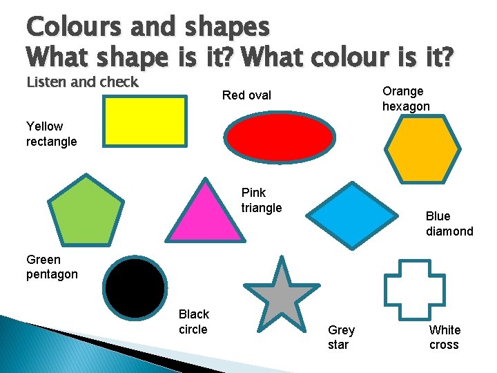 Colours and shapes What shape is it? What colour is it? Listen and check