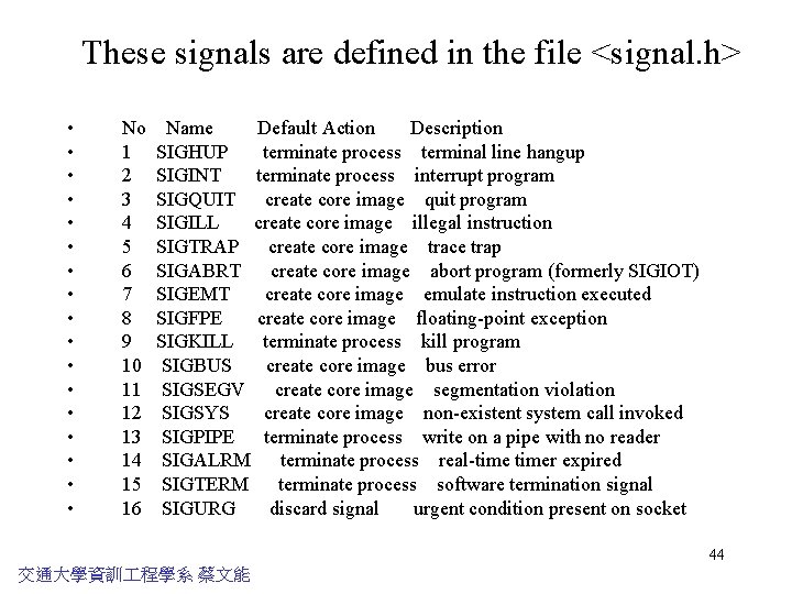 These signals are defined in the file <signal. h> • • • • •