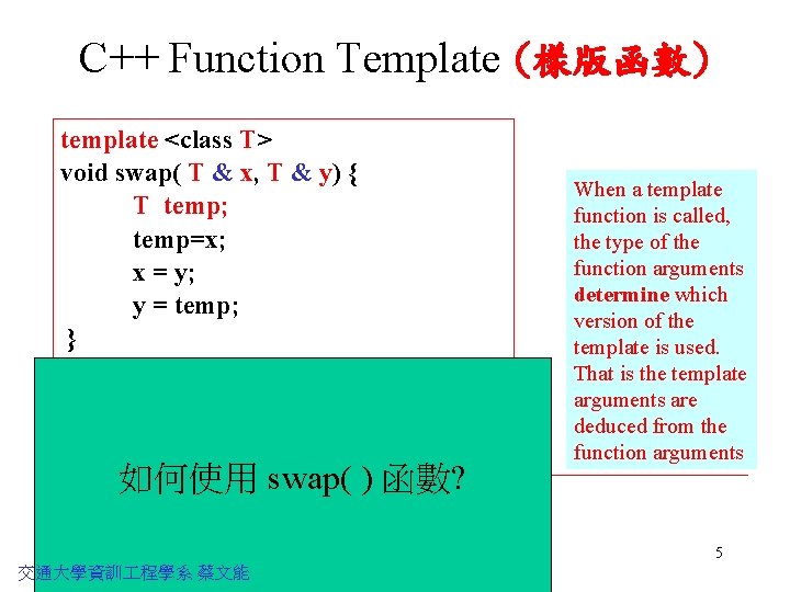 C++ Function Template (樣版函數) template <class T> void swap( T & x, T &